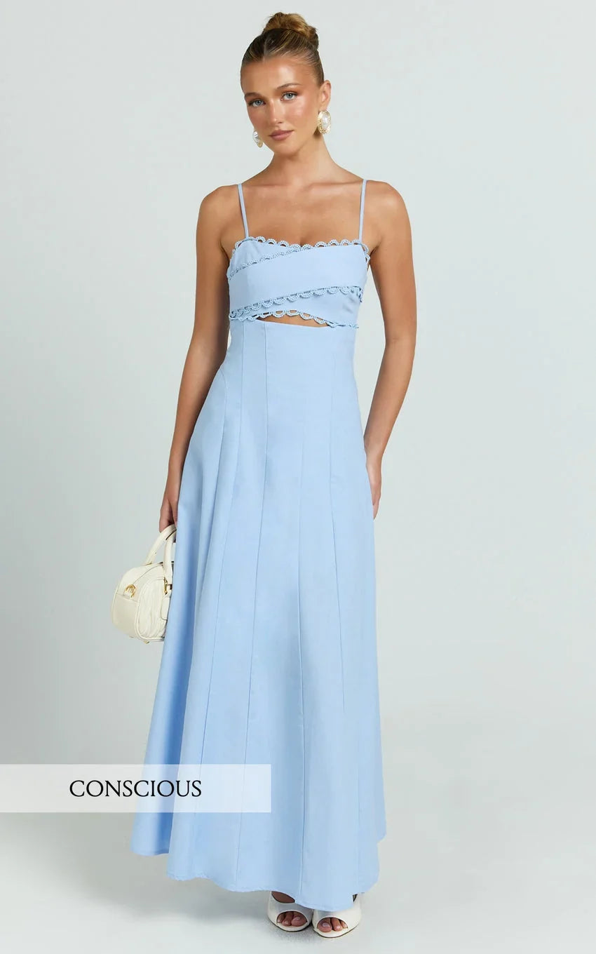 Lila Maxi Dress - Scallop Edge Fit And Flare Dress in Blue