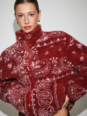 Fleece Stand Collar Paisley Print Oversized Jacket