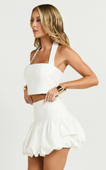 Abellina Mini Skirt - High Waist Bubble Hem Skirt in White